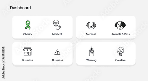 Dashboard with icons for Charity, Medical, Business, Pets, Warning, and Creative