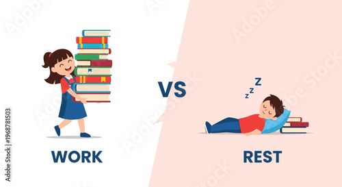 Comparative illustration of work versus rest with a girl carrying books and a boy sleeping on a pillow with a few books.