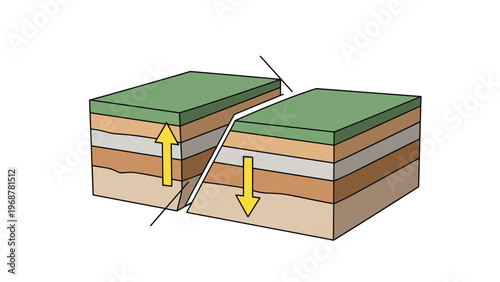 Geological diagram explaining a normal fault where earth layers move vertically relative to each other indicated by yellow arrows.