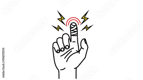 Illustration of a human hand with a bandaged index finger and yellow lightning symbols depicting sharp pain from a minor injury.