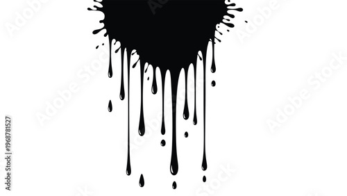 Artistic solid black ink or paint splat with long drips flowing downwards isolated on a white background for design.