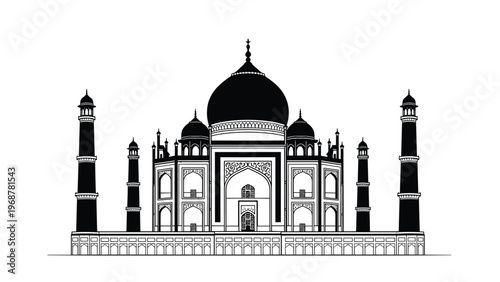Detailed black silhouette of the iconic Taj Mahal monument in India showing its symmetrical architecture and towering minarets clearly.