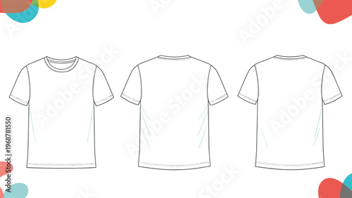 Set of three blank white t-shirt templates showing different views for custom design and apparel branding mockups.