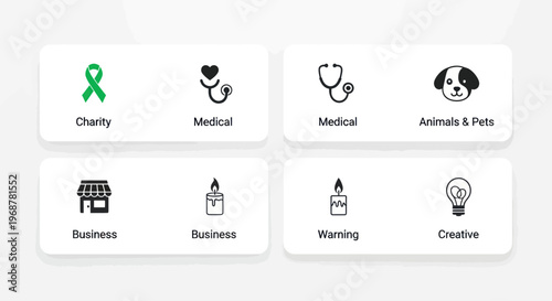 Diverse Icons for Business, Charity, Medical, Pets, and Creativity Concepts