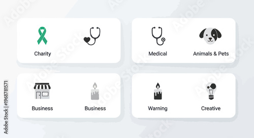 Diverse Icons for Business, Charity, Medical, Pets, and Creativity