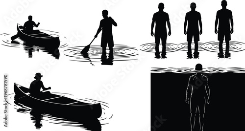 Water silhouettes set, canoe paddling illustration, people standing ripples, human interaction with water, reflection motion stillness black silhouettes design