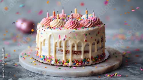 A delightful birthday cake with sweet details and candles placed on a serene gray background for a cozy look.