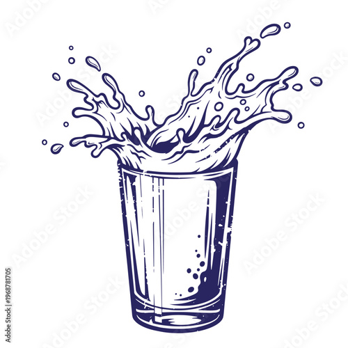 Dark blue ink line of a glass cup with a dynamic liquid splash erupting from the featuring scattered droplets and a textured vintage print style on a white background