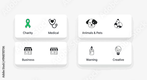 Icons: Charity, Medical, Business, Animals, Warning, Creative Concepts