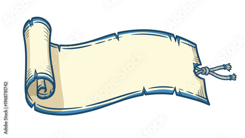 Hand-drawn illustration of an ancient weathered parchment paper scroll with torn edges and a rope tie for historical documents.