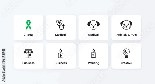 Icons collection: charity, medical, business, animals, creative, warning