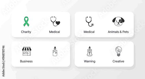 Icons: Charity, Medical, Business, Warning, Creative, Animals & Pets, Candle