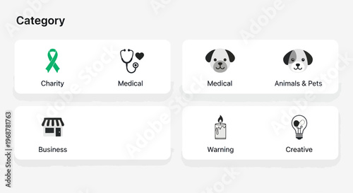 Icons for Categories: Charity, Medical, Animals, Business, Warning, Creative