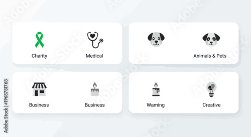 Icons for business, health, pets, and creative ideas on a light background