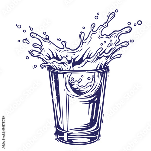 Dark blue ink line of a glass tumbler with a dynamic liquid splash erupting from the isolated on a white background