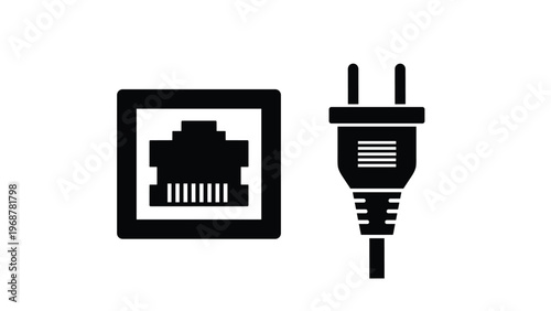 Pair of black icons representing a local area network ethernet port and a standard two-prong electrical power plug with a cable.