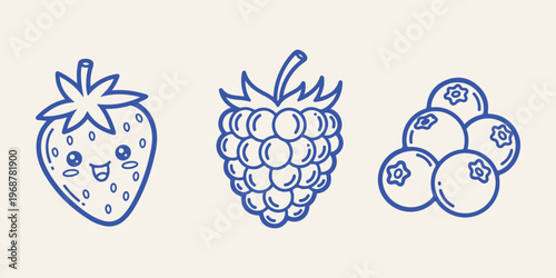 Kawaii Berry Line Art Set - Cute Strawberry, Raspberry & Blueberry Doodles

