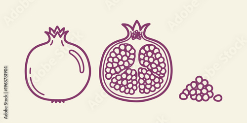 Pomegranate Line Art Set – Whole Fruit, Cut Half and Seeds Outline Icons

