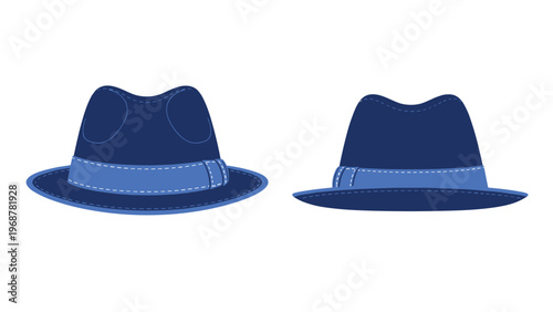 Pair of blue fedora hats shown from front and side perspectives featuring a classic design with a stylish ribbon band for men or women.