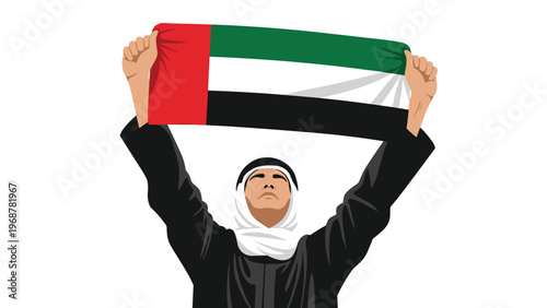 Middle Eastern man in a black kandura and white ghutra holding up the flag of the United Arab Emirates with pride and patriotism.