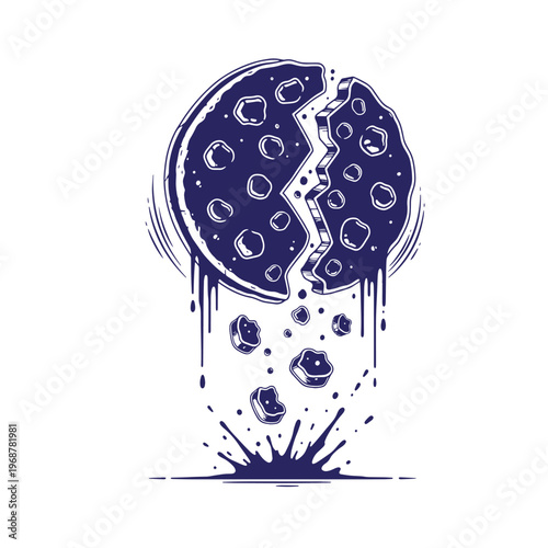 Dark blue ink of a broken chocolate chip cookie dripping and splashing onto a surface with scattered crumbs and liquid droplets isolated on a white background