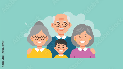 Happy multigenerational family portrait with smiling grandparents and their young grandson standing together against a blue backdrop.