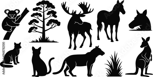 Black silhouette collection featuring diverse wildlife including koala elk kangaroo horse cougar and domestic cat with pine tree isolated on white for nature conservation concept.