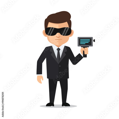 Secret Agent Man in Black Suit, Sunglasses, Holding Detector Device