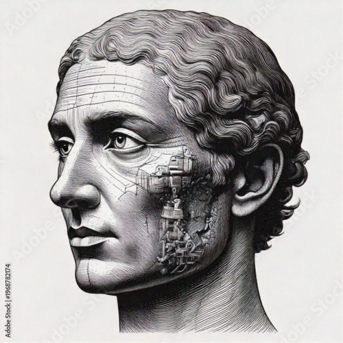 Ancient Roman man profile bust detailed engraving portrait.