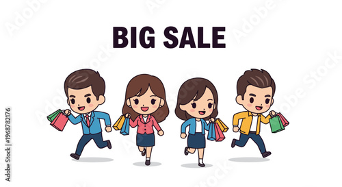 Group of happy young shoppers carrying multiple bags while running during a big sale event against a plain white background.