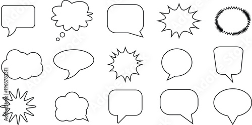 A comprehensive collection of diverse speech bubbles thought clouds and dialogue frames presented as clean vector line art. This versatile set includes various geometric and organic shapes perfect for