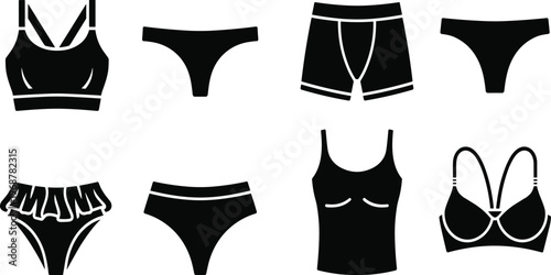 Black silhouette collection of diverse men and women underwear and swimwear featuring bras panties boxers and tank top isolated on white for fashion retail store.