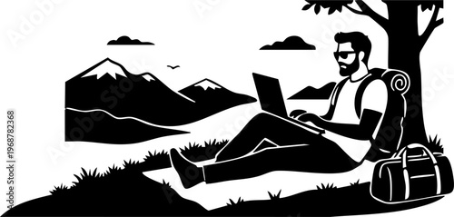 Digital nomad working on laptop in nature silhouette, remote work travel lifestyle outdoor workspace illustration