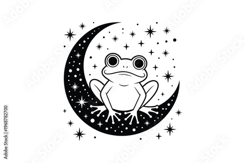 Black and white cartoon frog sitting on crescent moon with stars animal amphibian illustration space