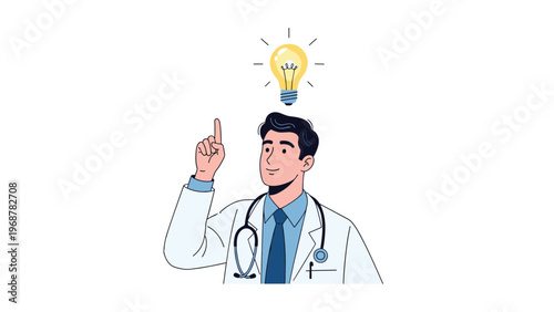 Young male doctor in a white coat with a stethoscope having a bright idea represented by a glowing light bulb above his head in office.