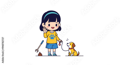 Responsible young girl walking her pet dog on a leash and carefully cleaning up pet waste to keep the local environment clean.