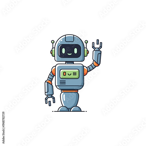Friendly cartoon robot waving hello, futuristic technology concept, isolated on white background