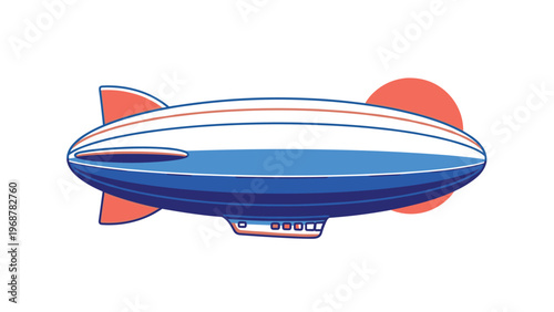 Blue and white blimp or zeppelin airship floating in the sky with a large red circular sun or moon in the background for aviation concepts.