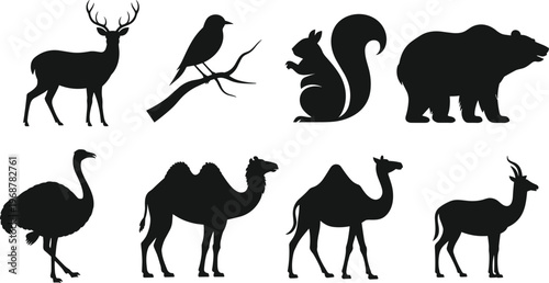 Black silhouette collection of diverse wildlife animals including deer bird squirrel bear ostrich camel and antelope isolated on white background for nature design concept.