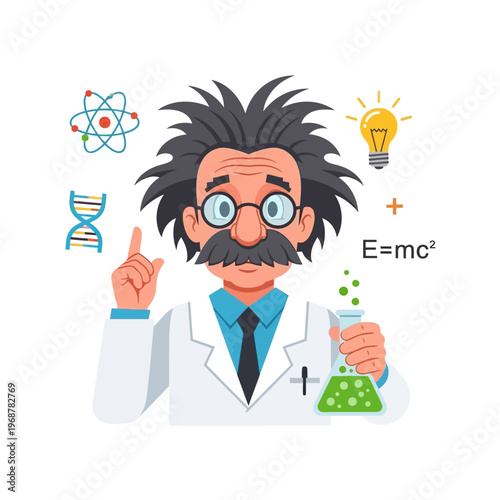 Genius Scientist with E=mc? Formula, DNA, Atom, and Lightbulb - Science Concept