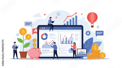 Extensive business and finance data dashboard with small people interacting with various charts graphs and icons to represent growth and success.