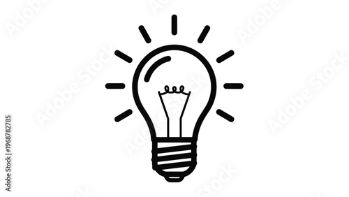 Simple black and white icon of a glowing incandescent light bulb representing a bright idea innovation and creativity on a white background.