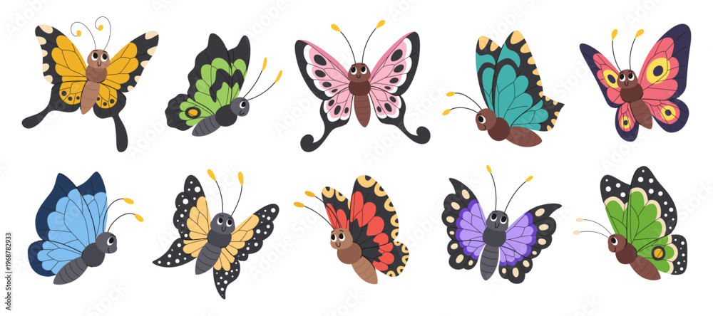 Obraz premium Cartoon butterfly children vector set. Collection of cute colorful butterflies, spring and summer insects, and flying characters for kids or nursery design.
