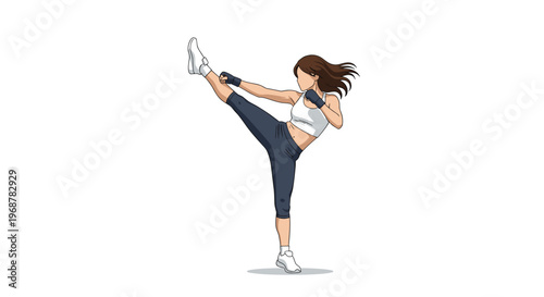 Strong athletic woman in fitness gear executing a powerful high kick during a martial arts or cardio kickboxing workout.