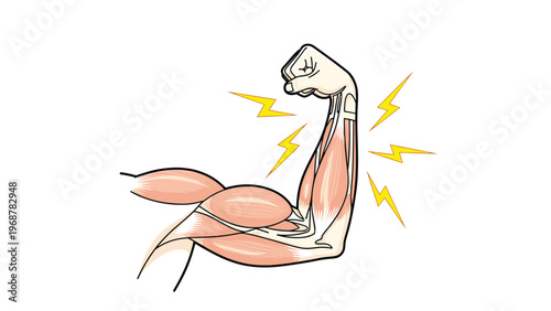 Anatomical diagram of a flexed human arm showing detailed musculature with lightning bolts representing strength and power.