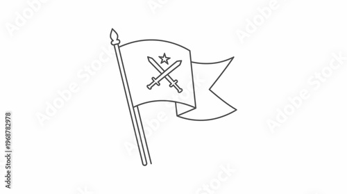 A simple line art drawing of a flag with crossed swords and a star emblem, symbolizing military, medieval, or heraldic themes.