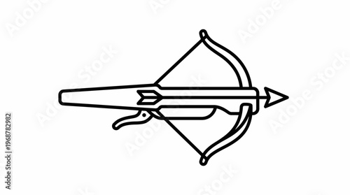 Simple line art illustration of a classic crossbow with an arrow loaded, depicted in a minimalist black and white style.