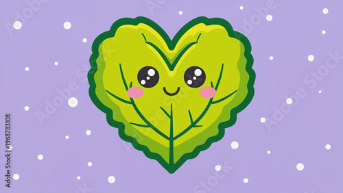 Cute cartoon-style heart-shaped leaf with a smiling face, children’s theme. Ai generated.
