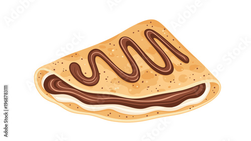 Mouth watering illustration of a folded crepe pancake with white cream filling and chocolate sauce drizzle on top.