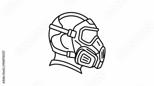Line art illustration of a person wearing a protective gas mask with filters, depicting safety and hazardous environments.
